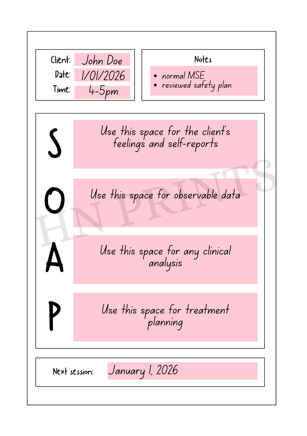 Bows SOAP Notes Session Journal
